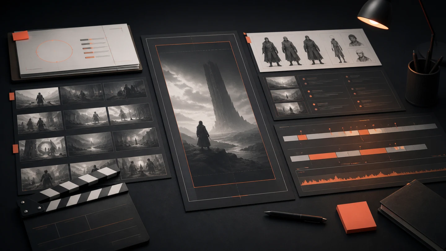 AI vertical drama production brief arranged as storyboards, character sheets, and a production timeline